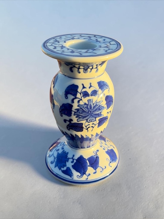 Source Unknown Other - VINTAGE BLUE AND WHITE PORCELAIN PILLAR CANDLE HOLDER | CHINOISERIE FLORAL DESIG